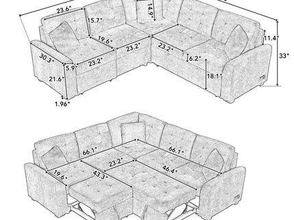 L-Shape Sofa Bed Pull-Out Sleeper Sofa With Wheels, USB Ports, Power Sockets For Living Room