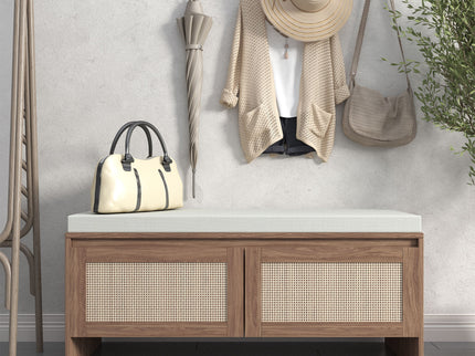 Storage Bench With Cushion, Shoe Cabinet With 2 Doors - Antique Natural / Rattan