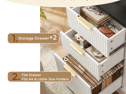 Fluted L-Shaped Desk With Charging Station & Storage Cabinet