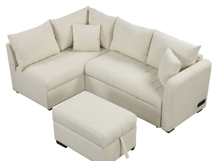 L-Shaped Sectional Pull Out Sofa Bed Sleeper Sofa With Two USB Ports, Two Power Sockets And A Movable Storage Ottoman