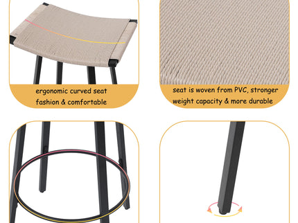 Counter Height Bar Stools Backless Handwoven Kitchen Dining Chairs With Round Footrest (Set of 2) Weaving Pub Stoo - Creamy White