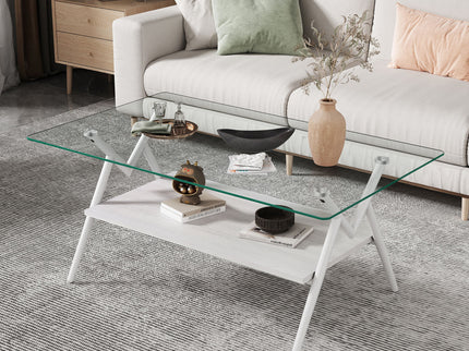 Rectangle Coffee Table With Tempered Glass Top And Shelf
