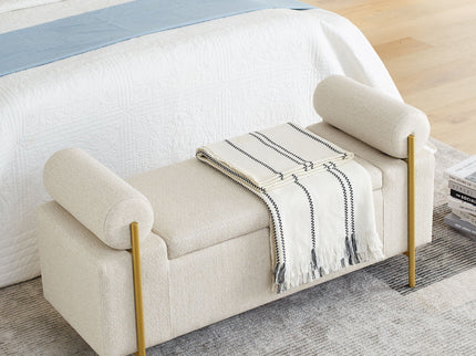 Elegant Upholstered Storage Bench With Cylindrical Arms And Iron Legs,