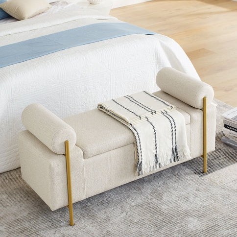 Elegant Upholstered Storage Bench With Cylindrical Arms And Iron Legs,