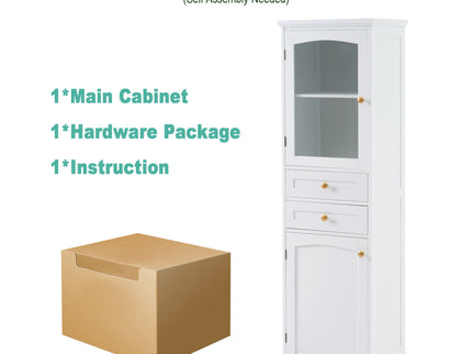Tall Bathroom Storage Cabinet With Glass Doors, Free-Standing, Two Drawers, And Adjustable Shelves, Board, Painted Perfect For Displaying Your Favorite Items