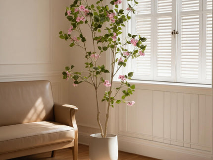 Artificial Bougainvillea Tree With Pot, Realistic Faux Flowering Plant Leaves And Blooms, Decor For Home Office - Green Leaves / Pink