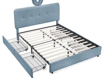 Upholstered Bed With Oversized Rabbit Ear Headboard, LED Lights & 4 Storage Drawers