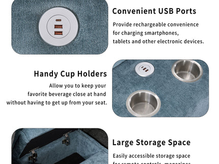 Sectional Sofa With Removable Ottomans, USB Ports, Cup Holders & Storage - Gray / Light Blue