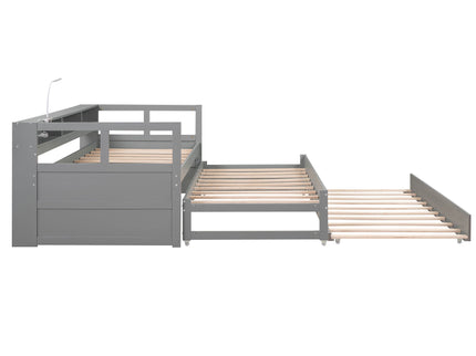 Daybed With 2 Trundles, 3 Storage Cubbies, Built In USB Charging Light