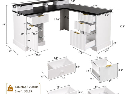 Fluted L-Shaped Desk With Charging Station & Storage Cabinet