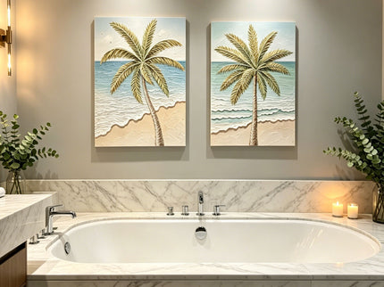 Palm Tree Wall Art, Beach Canvas Painting With Accents, Hand Painted Textured Tropical Decor (Set of 2) - Aqua Blue