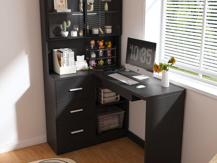 L-Shaped Computer Desk With Glass Cabinets, Built In LED Lights, USB Charging Ports
