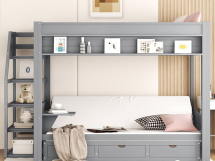 Wood Full Size Convertible Bunk Bed With Storage Staircase, Bedside Table, And 3 Drawers - Gray