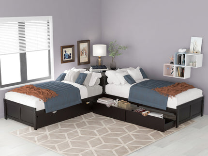 L Shaped Platform Bed With Trundle And Drawers Linked With Built In Desk