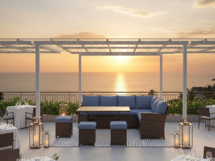 7 Piece Patio Dining Set With Cushions, Modular Sectional Sofa & Storage Table