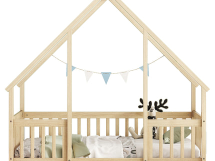 Wood House-Shaped Floor Bed With Fence, Guardrails