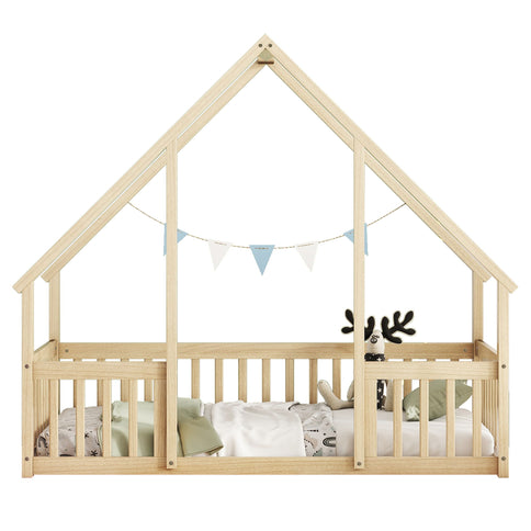 Wood House-Shaped Floor Bed With Fence, Guardrails