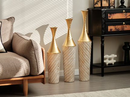 Floor Metal Vase Modern Style Decoration Home Woven Pattern Metal Vase 3 Piece Set Gorgeous Home Decoration Large Glazed Metal Vase - Champagne