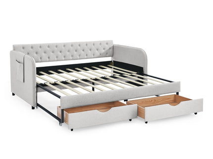 Daybed With Trundle And Storage Drawers, Flat Arms With Pocket