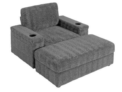 Oversized Chaise Lounge Indoor Rabbit Fur Sofa Bed With Storage Ottoman And Armrests Cup Holders With Deep Seat