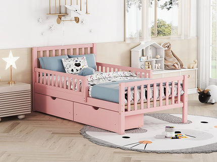 Platform Bed With Guardrails On Both Sides And 2 Storage Drawers