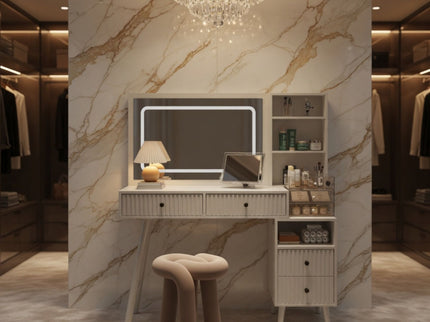 Fluted Vanity Desk With Lighted Mirror & Outlet 4 Drawer, Makeup Table - White