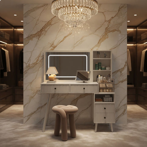 Fluted Vanity Desk With Lighted Mirror & Outlet 4 Drawer, Makeup Table - White