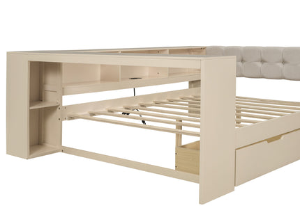 Upholstered Headboard Platform Bed With Storage Shelves, Drawers, Charging Station