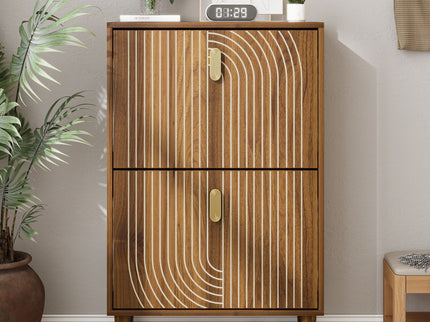 Modern Minimalist Shoe Storage Cabinet With 2 Flip Drawers And Metal Handles - Brown