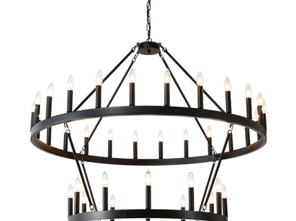 2 Tiers Wagon Wheel Chandelier Wooden Farmhouse 36 Light (24 / 12) Or (12 / 24) Metal Chandeliers 2 Story Light Fixtures Industrial For High Ceiling Living Dining Room Foyer, Adjustable Height - Black