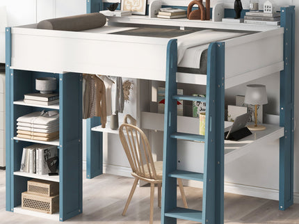 Loft Bed With Built In Storage Shelves, Clothes Rail, And Desk