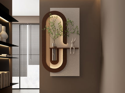 Adjustable LED Sandstone Wall Decor With Simulated Plants 3D Art Sculpture, Glass Vase & Rabbit Statue, Remote Control - Light Coffee