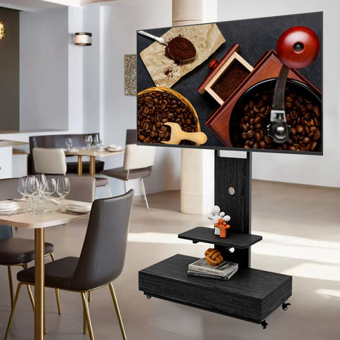 Mobile TV Cart With Push Pull Drawer, Lockable Wheels