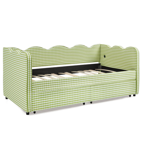Gingham Daybed With USB Charging Port, Wave-Shaped Design