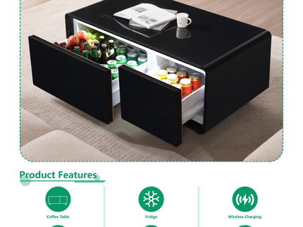 Modern Smart Coffee Table With Built-In Fridge - tooth Speaker, Wireless Charging, Touch Control Panel, USB Interface, Outlet Protection, Atmosphere Light