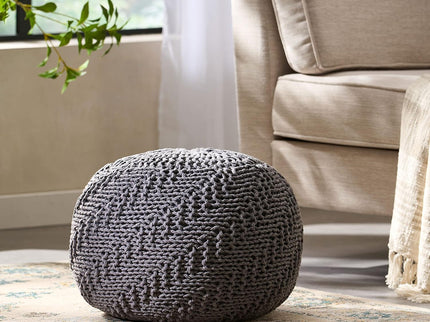 Hazel - Modern Knitted Cotton Yarn Round Pouf With Eco Friendly Pet Fibers - Dark Gray