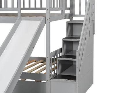 House Bunk Bed With Trundle, Storage Staircase, Roof And Window Design