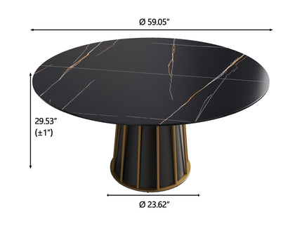 Modern Artificial Stone Round Metal Iron Base Dining Table, Can Accommodate 8 People, (Not Including Chairs) - Black