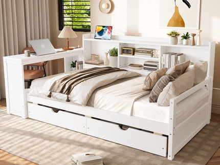 Corner Daybed With Storage Drawers, Desk, Charging Port & Bookcase