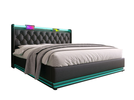 Upholstered Bed, 360 Surround LED Function, Remote Control, Hydraulic Storage Bed With USB, Type-C Charging (Without Mattress)