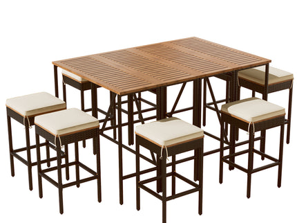 Outdoor Acacia Wood Bar Height Table And Eight Stools With Cushions