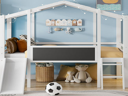 Loft House Bed With Ladder And Slide, With board And Light Strip On The Roof