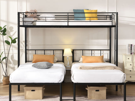Twin Over Twin Over Twin Triple Bunk Bed With Safety Rails And Storage Shelf - Black