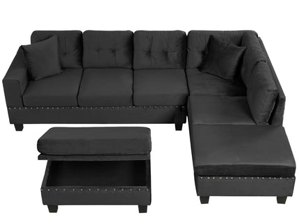 Modern Sectional Sofa With Storage Ottoman, L - Shape Couch With 2 Pillows And Cup Holders