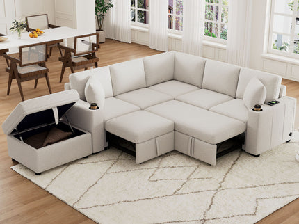 Sectional Sofa Convertible Pull-Out Sofa Bed With A Movable Storage Ottoman For Living Room