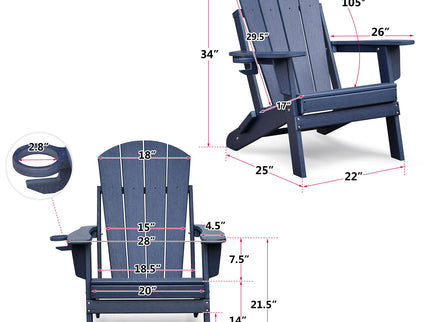 Folding Outdoor Adirondack Chair For Relaxing, Hdpe All-Weather Fire Pit Chair, Patio Lawn Chair For Outside Deck Garden Backyardf Balcony - Navy Blue