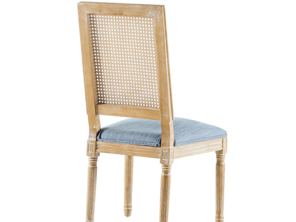 French Country Dining Chair With Rectangular Cane Backrest And Smooth Upholstered Seating