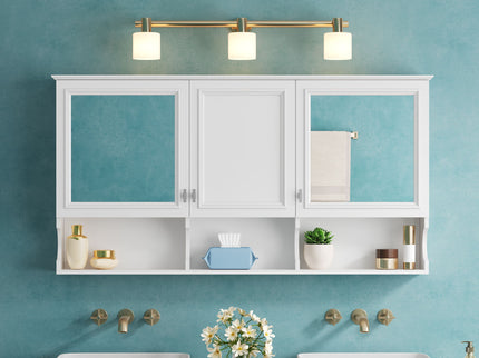 Wall-Mounted Mirror Medicine Cabinet With Adjustable Shelf And Open Shelves, Bathroom Storage Cabinet Over Toilet - White