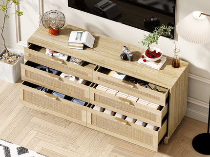 Rattan Dresser With 6 Drawers, Wooden Legs & Metal Handle