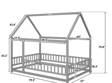 Floor Wooden Bed With House Roof Frame, Fence Guardrails